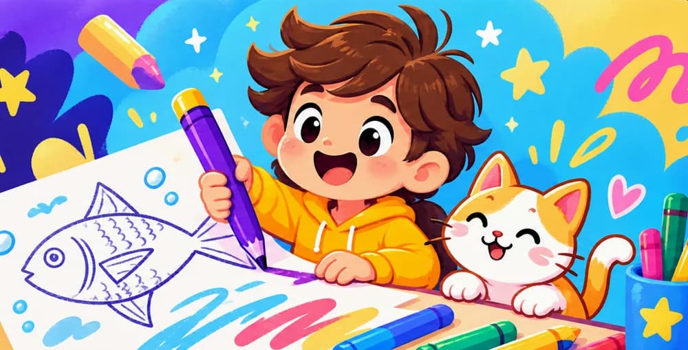 Un niño dibuja un pez con su gatito mirando